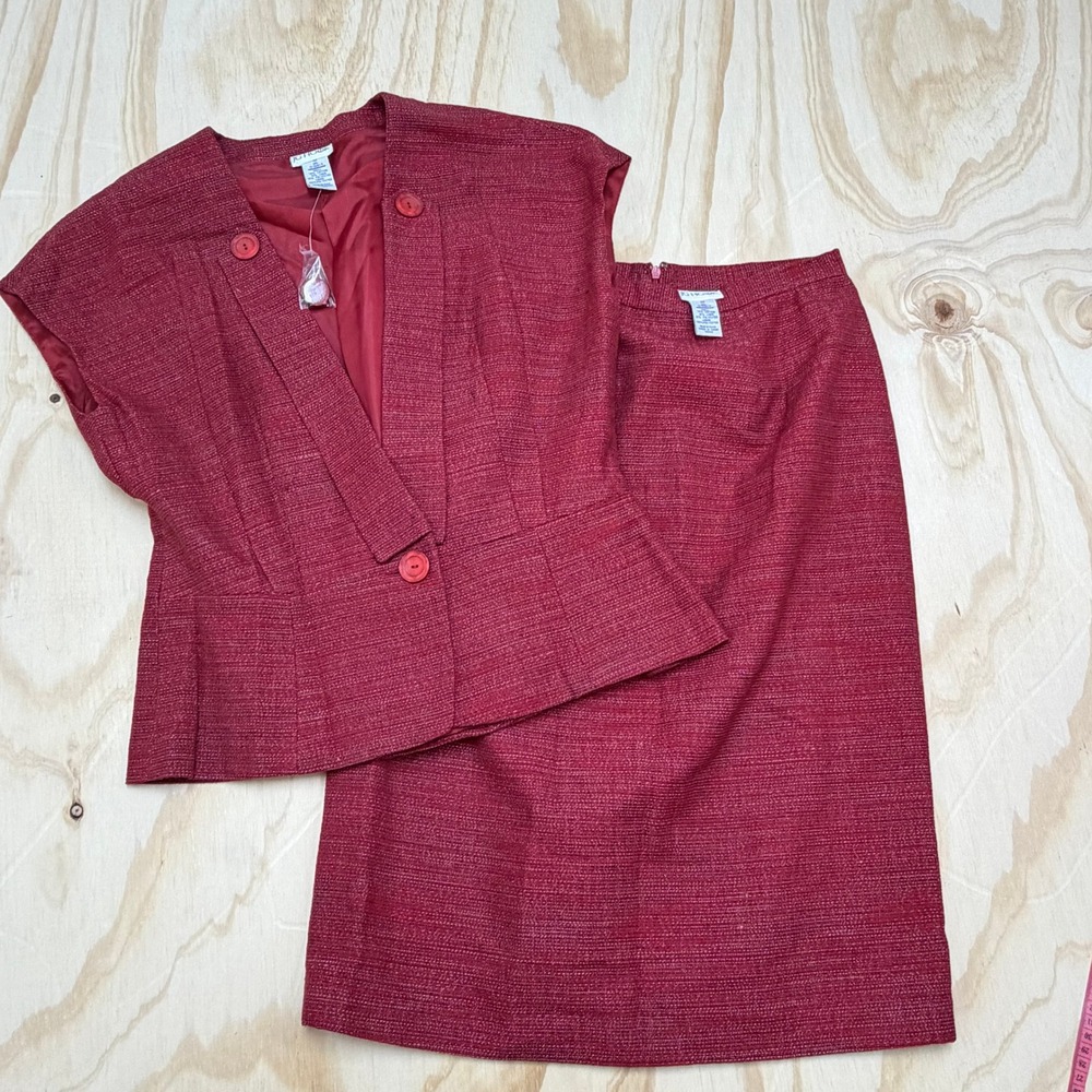 JG Hook Womens 2pc Skirt Suit Set Burgundy Red Cotton Linen Textured Size 10